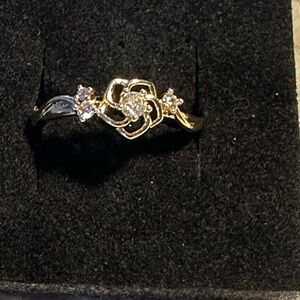 Elegant Cubic Zirconia gold over 925 Sterling Silver Floral Ring